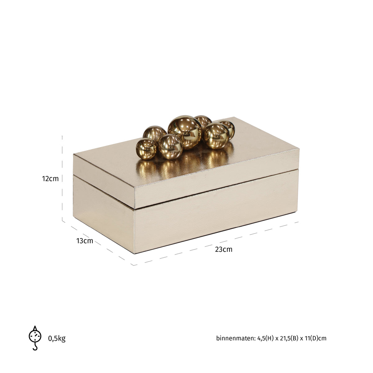 Cutie decorativă Norah, auriu – desen tehnic cu dimensiuni