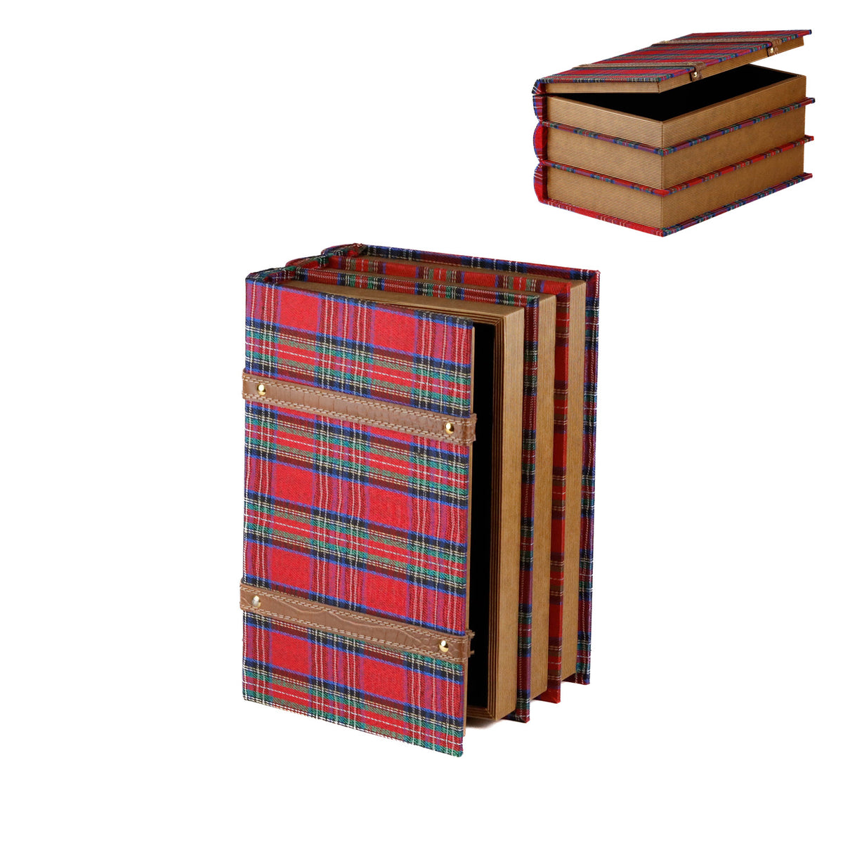 Cutie în formă de carte din textil tartan, roșu/verde/albastru, 30 cm