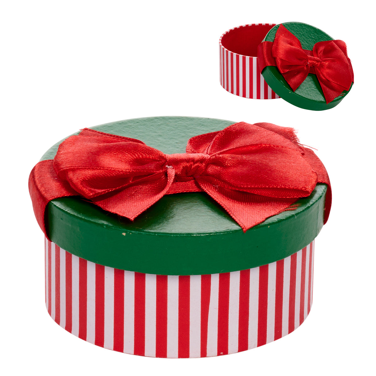 Cutie rotundă din hârtie cu dungi și fundă, roșu/verde, 8 cm