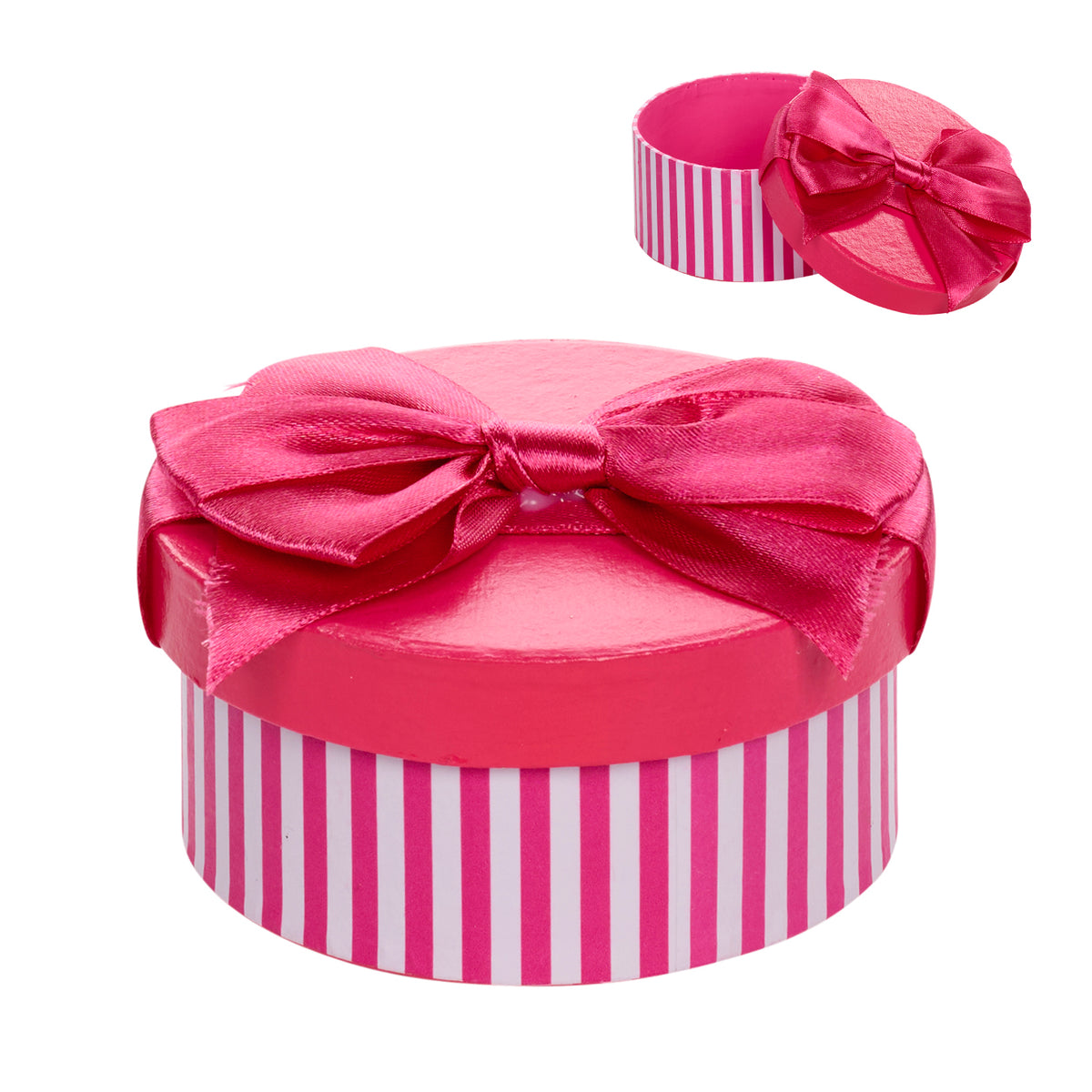 Cutie rotundă din hârtie, cu dungi și fundă, roz, 8 cm
