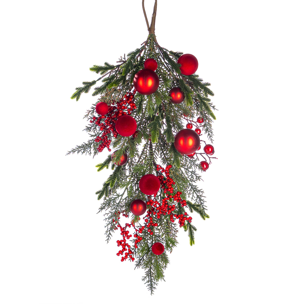 Decorațiune în formă de picătură cu brad, bobițe și globuri de Crăciun, verde/roșu, 74 cm