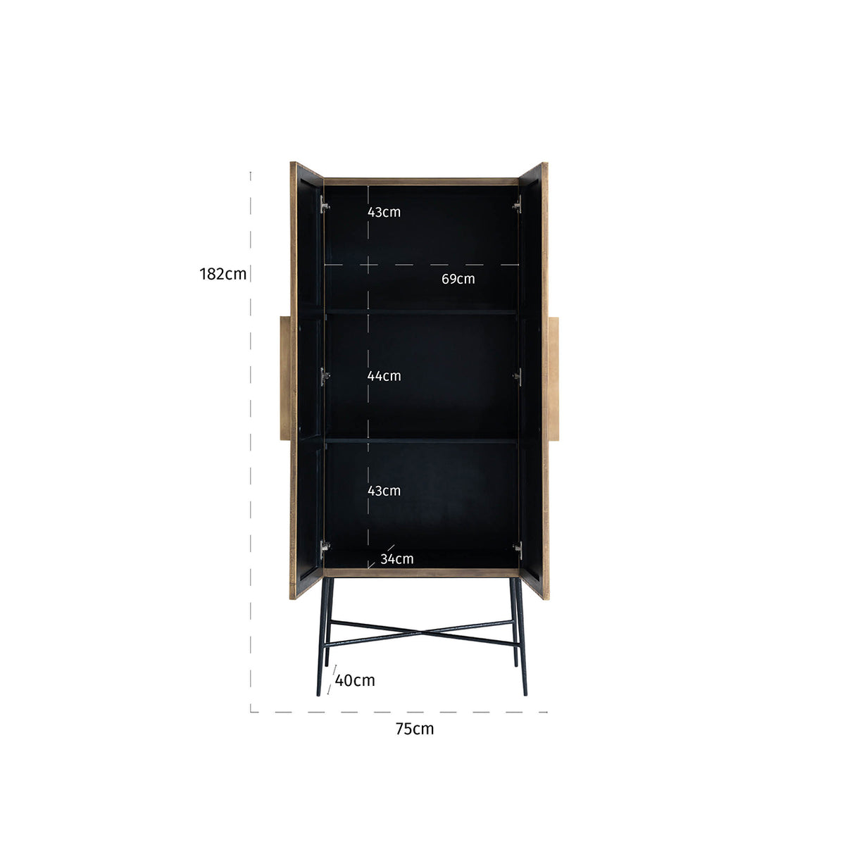 Dulap Ironville, auriu, L. 40 x l. 75 x Î. 182 cm – desen tehnic cu dimensiuni