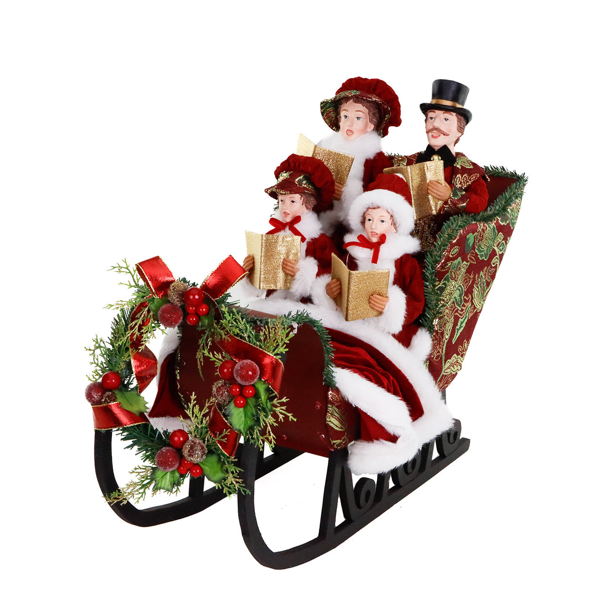 Familie de colindători în sanie, din textil, roșu/alb, 60 cm
