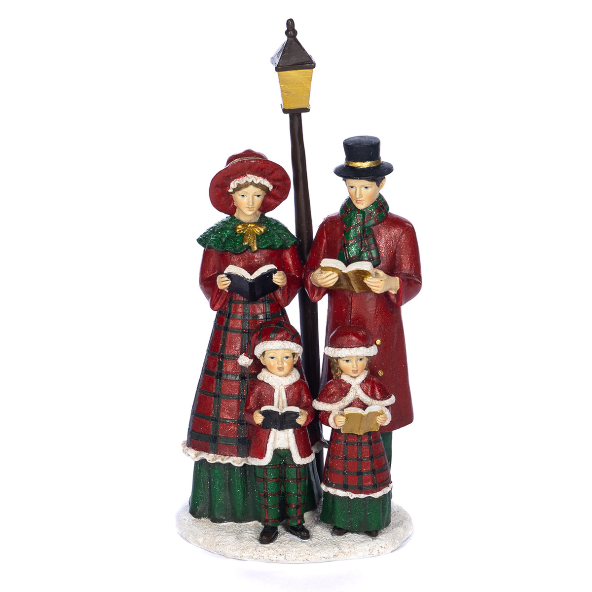 Familie de colindători victorieni în carouri tartan, roșu/verde, 29,5 cm