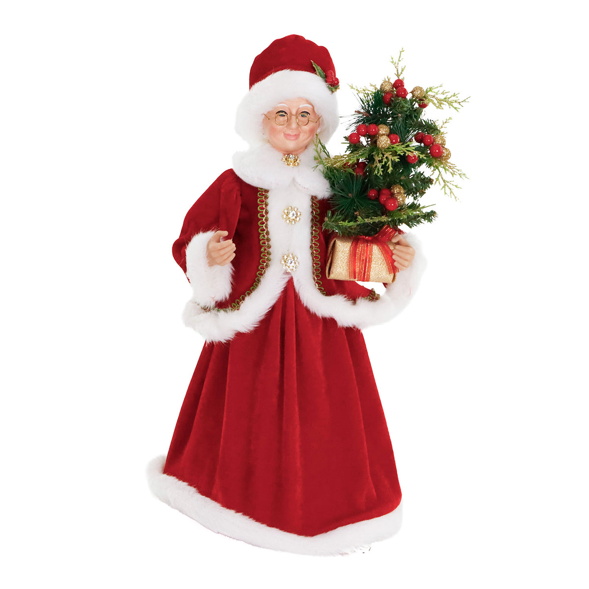 Figurină Crăciunița cu brad, din textil, roșu/alb, 30 cm