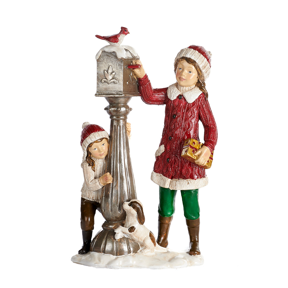 Figurină cu copii de Crăciun lângă cutia poștală, roșu, 22 cm