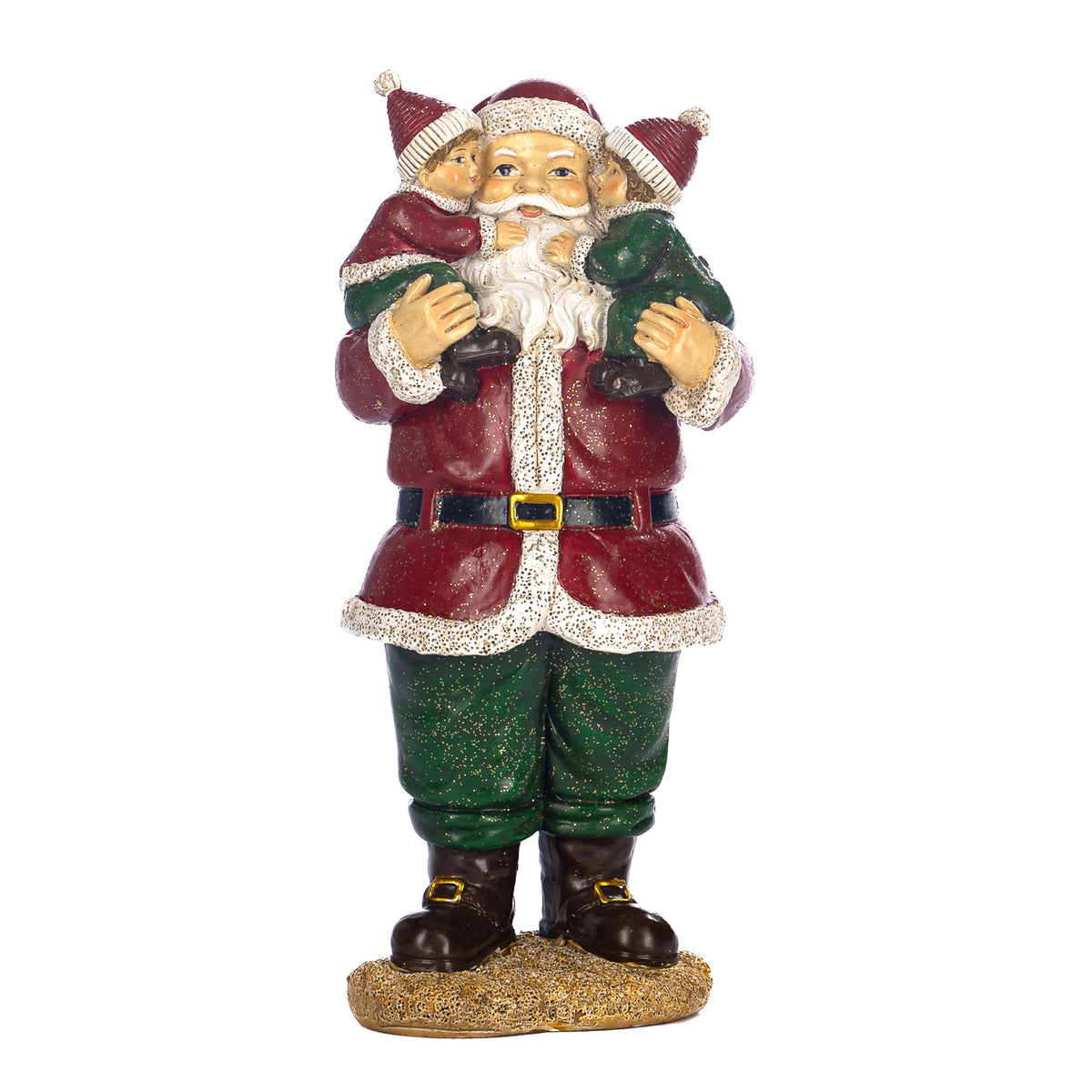 Figurină Moș Crăciun care îmbrățișează copii, roșu/verde, 21 cm