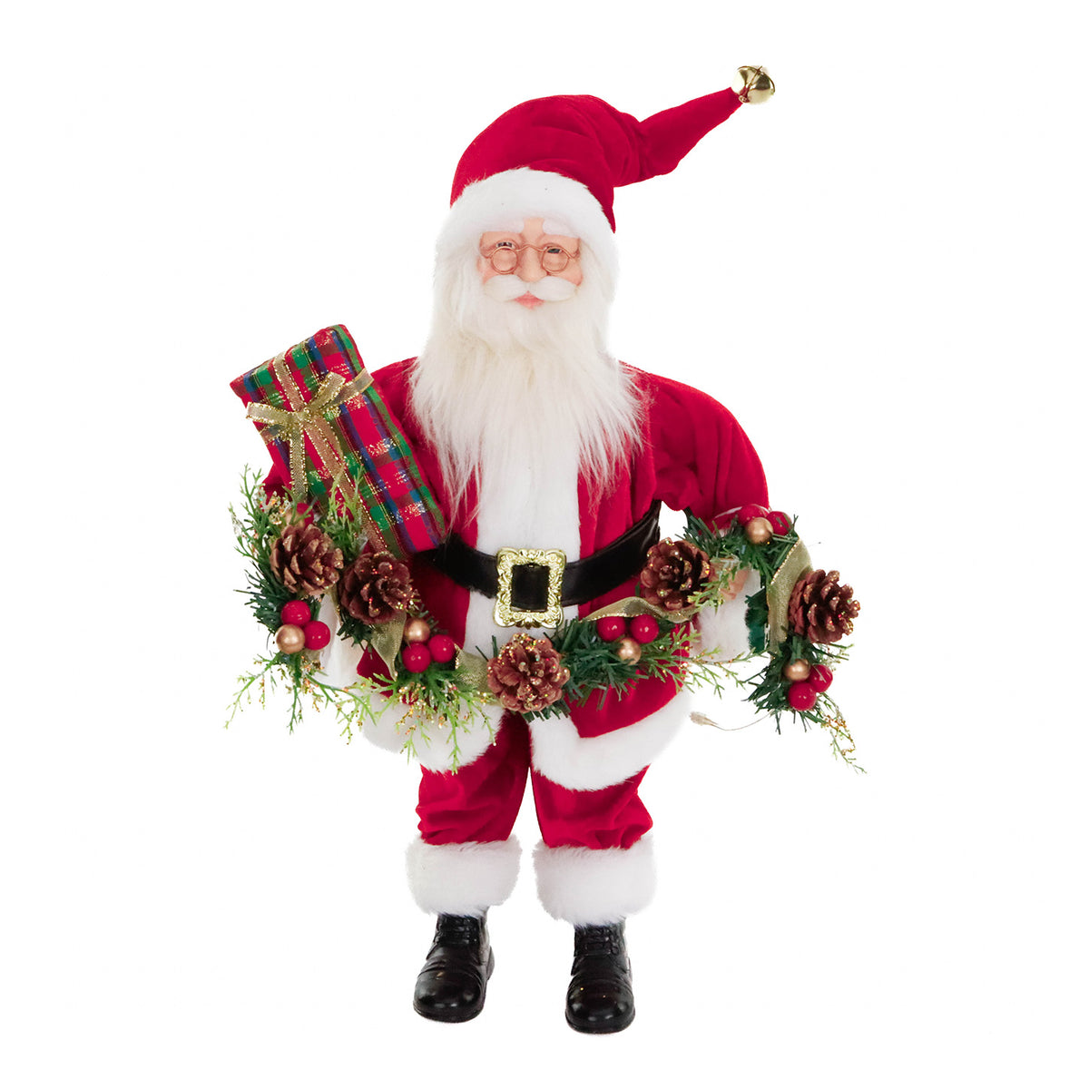 Figurină Moș Crăciun cu ghirlandă de Crăciun și LED, din textil, roșu, 48 cm