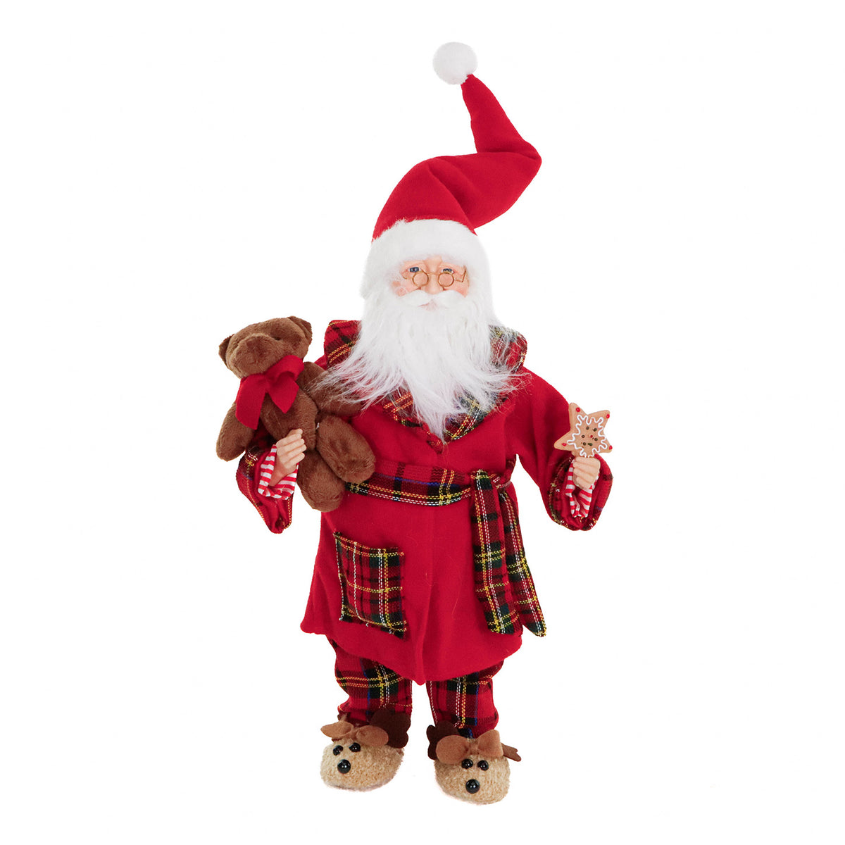 Figurină Moș Crăciun la culcare, cu ursuleț, din textil tartan, roșu, 46 cm