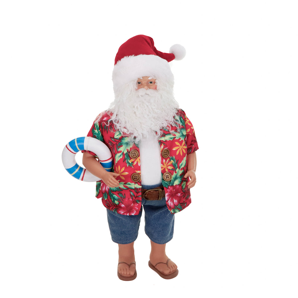 Figurină Moș Crăciun pe plajă, din textil, roșu/albastru, 48,5 cm