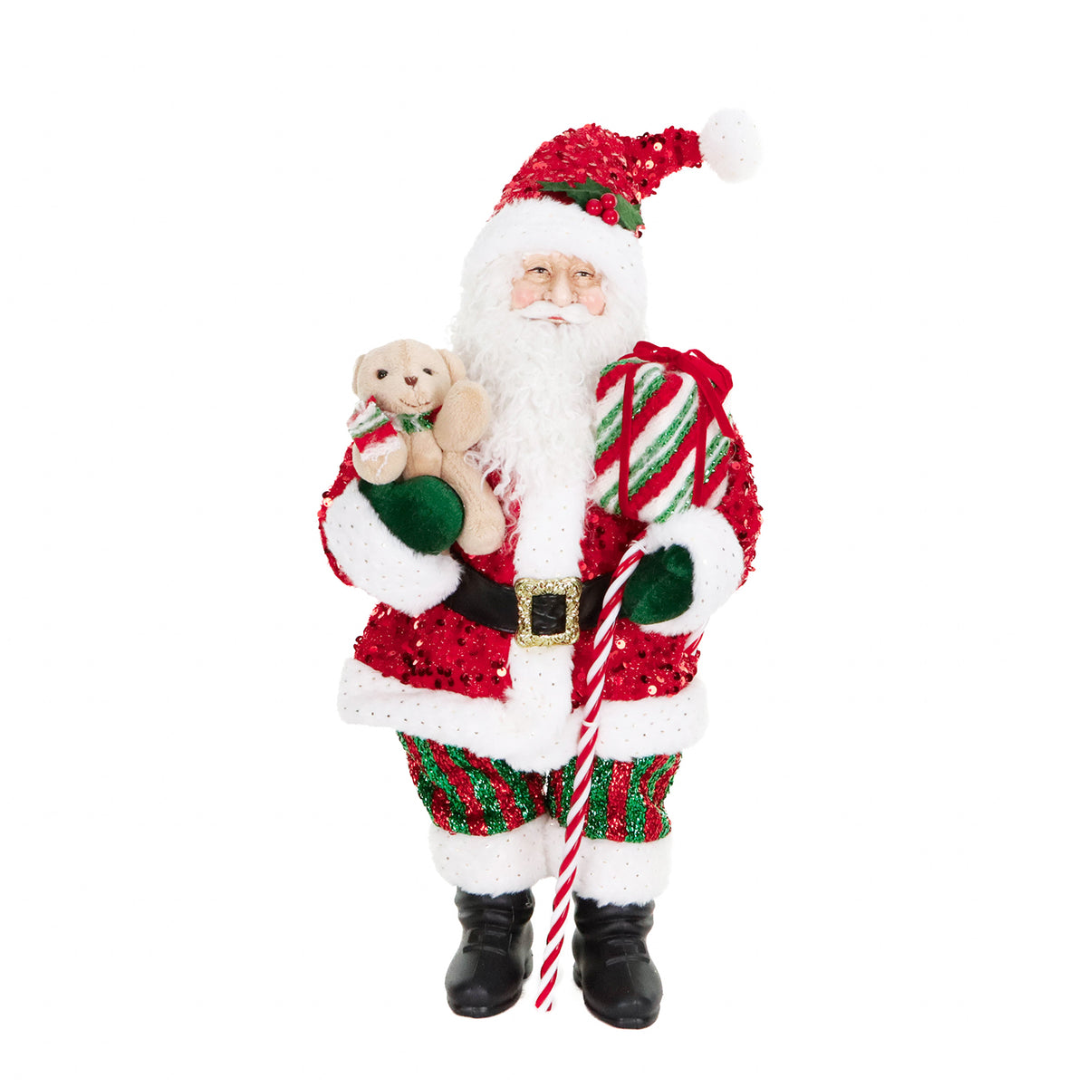Figurină Moș Crăciun tradițional cu cadouri, din textil, roșu/alb, 53,5 cm