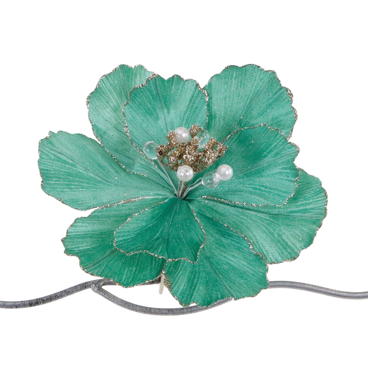 Floare de magnolie cu perle pe clemă, verde/albastru, 21 cm