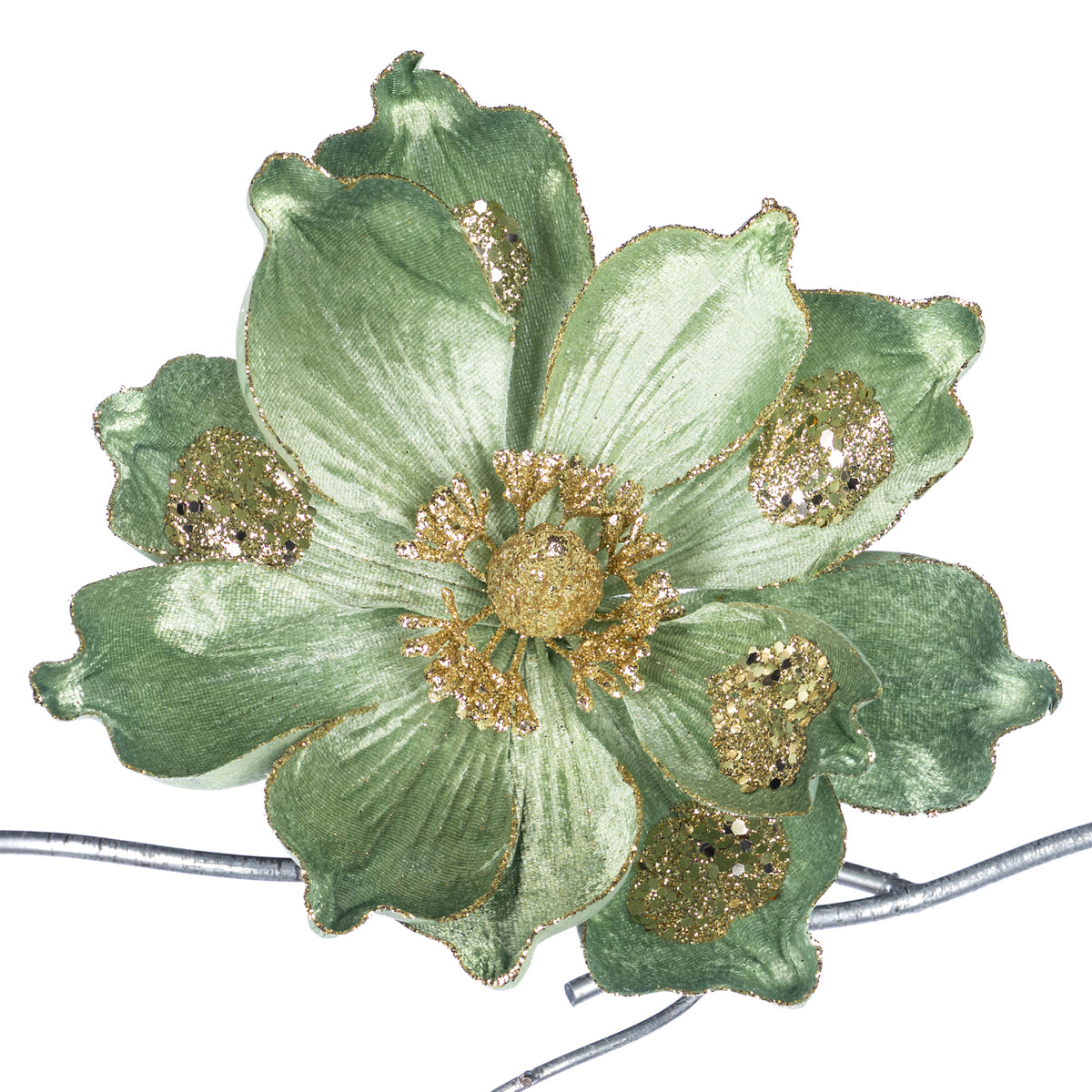 Floare de magnolie din textil cu sclipici, pe clemă, verde/șampanie, 20 cm