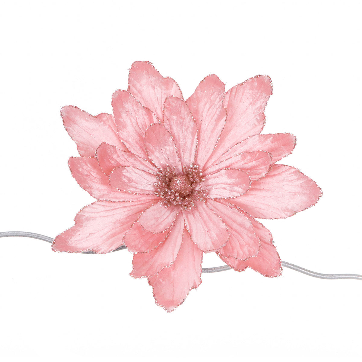 Floare din textil cu sclipici, pe clemă, roz deschis, 29 cm