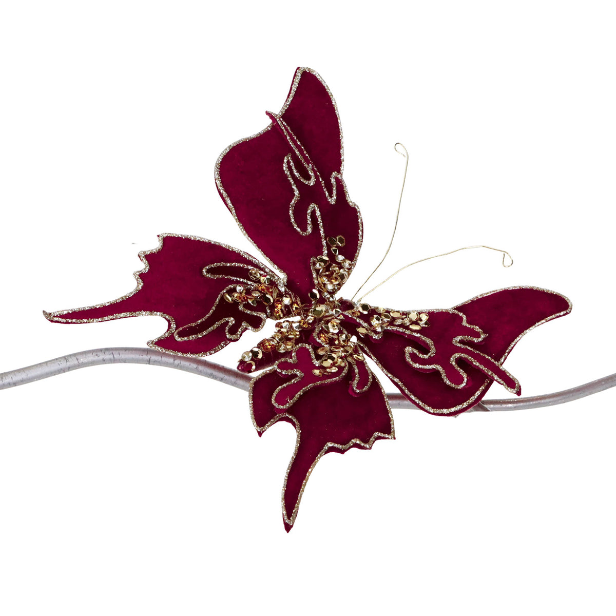 Fluture cu paiete și sclipici, pe clemă, burgund/auriu, 7,5 cm