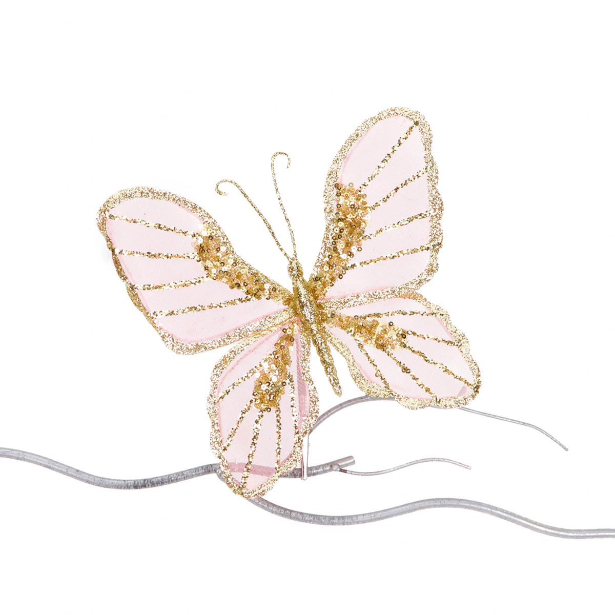Fluture din textil cu paiete, pe clemă, roz deschis/auriu, 18 cm