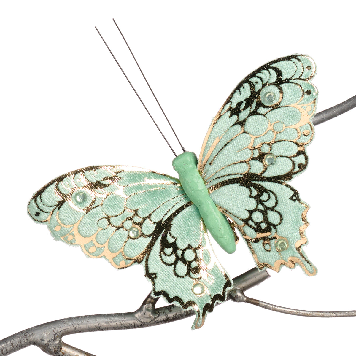 Fluture din textil cu pietre, pe clemă, verde deschis/auriu, 11 cm