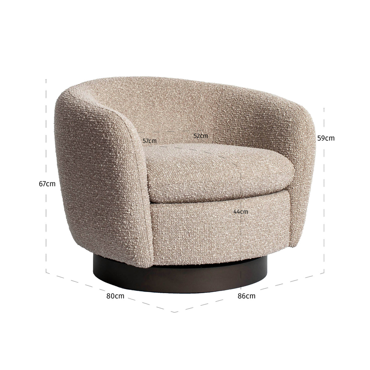 Fotoliu Colmar, chunky natural, rotativ – desen tehnic cu dimensiuni