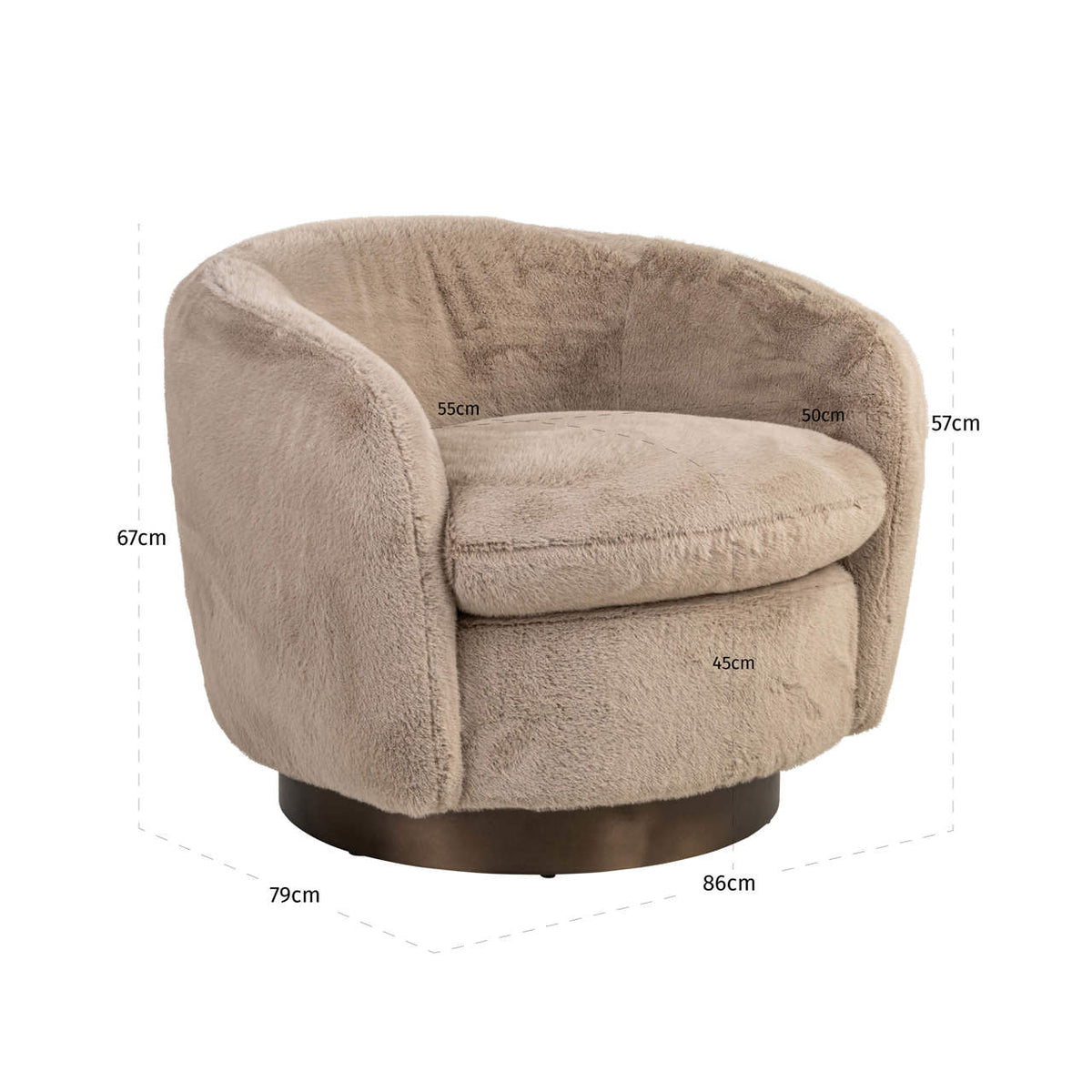 Fotoliu Colmar, fluffy kaki, rotativ – desen tehnic cu dimensiuni