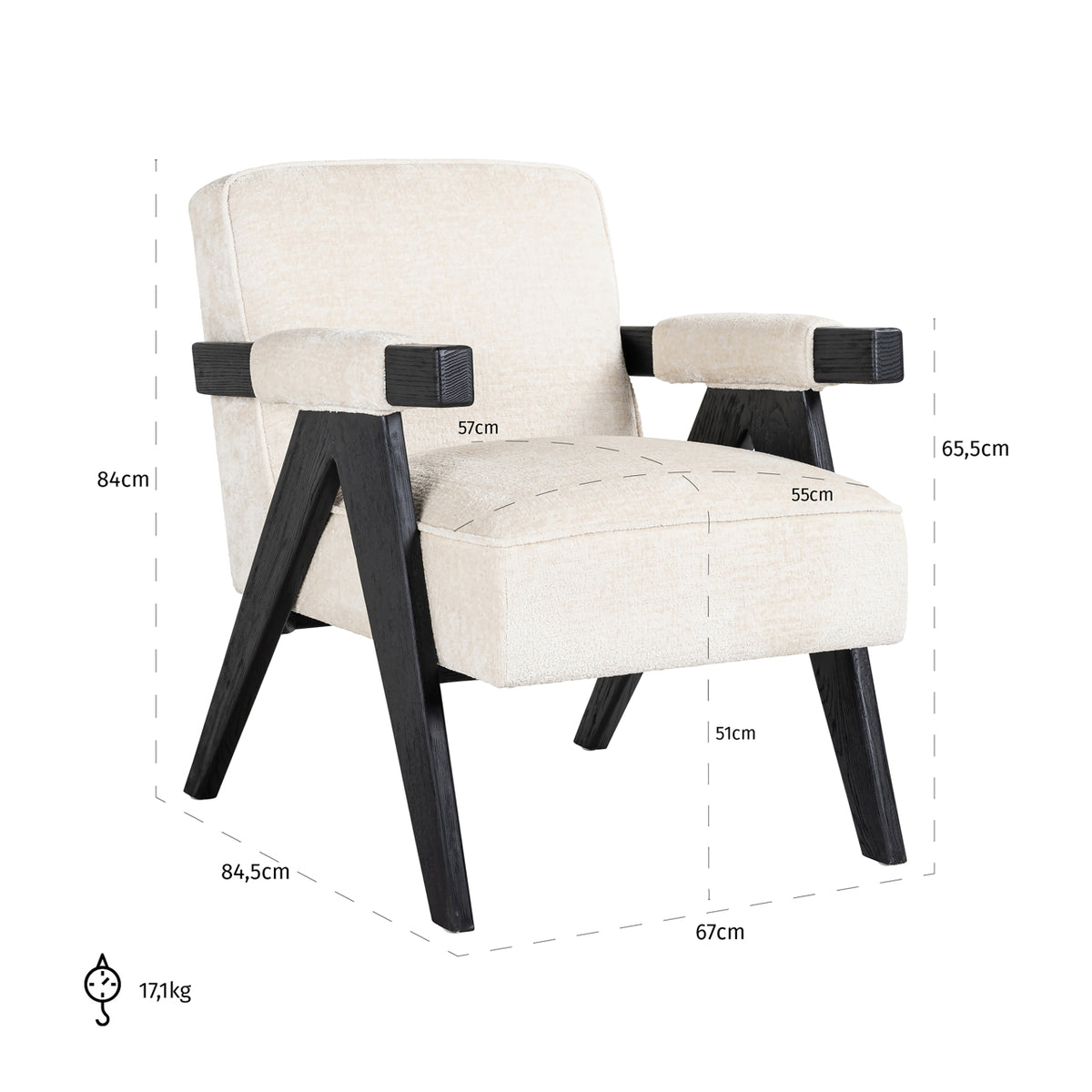 Fotoliu Cooper, chenille albă – desen tehnic cu dimensiuni