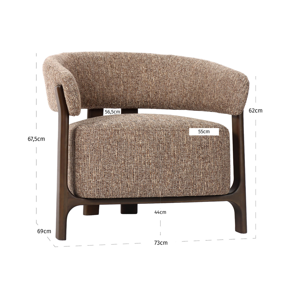 Fotoliu Dalara, tweed maro – desen tehnic cu dimensiuni