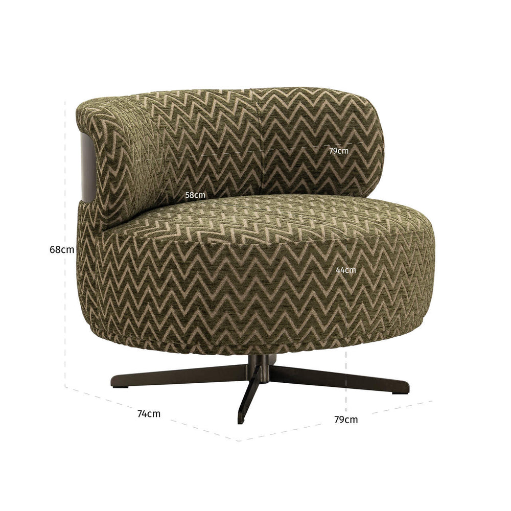 Fotoliu Lauren, chevron verde mușchi, rotativ – desen tehnic cu dimensiuni