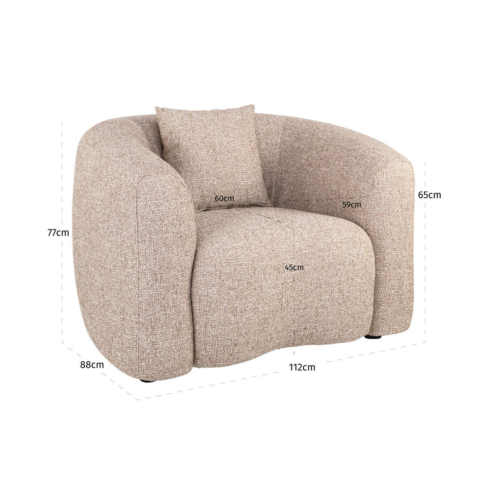 Fotoliu lounge Luxandra, tweed nisip, ignifug – desen tehnic cu dimensiuni