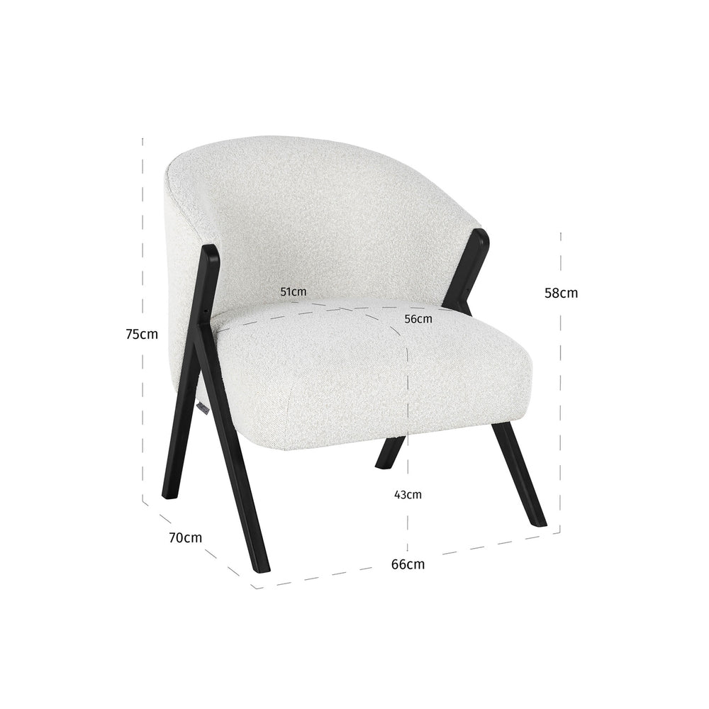 Fotoliu Mia, bouclé alb – desen tehnic cu dimensiuni