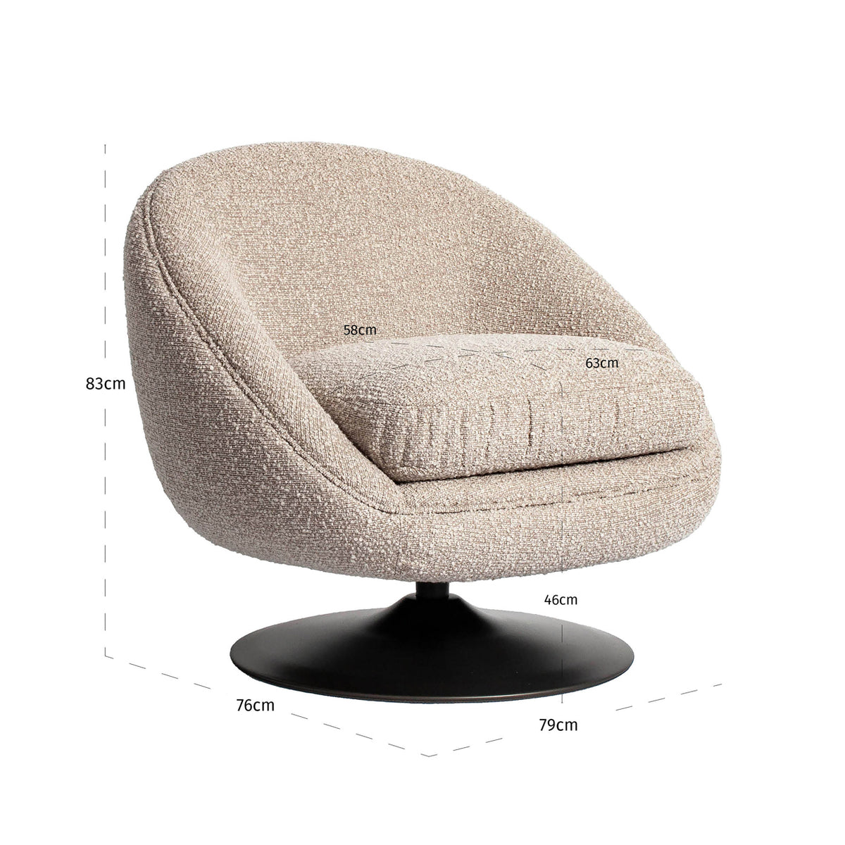 Fotoliu rotativ Nodo, chunky natural – desen tehnic cu dimensiuni