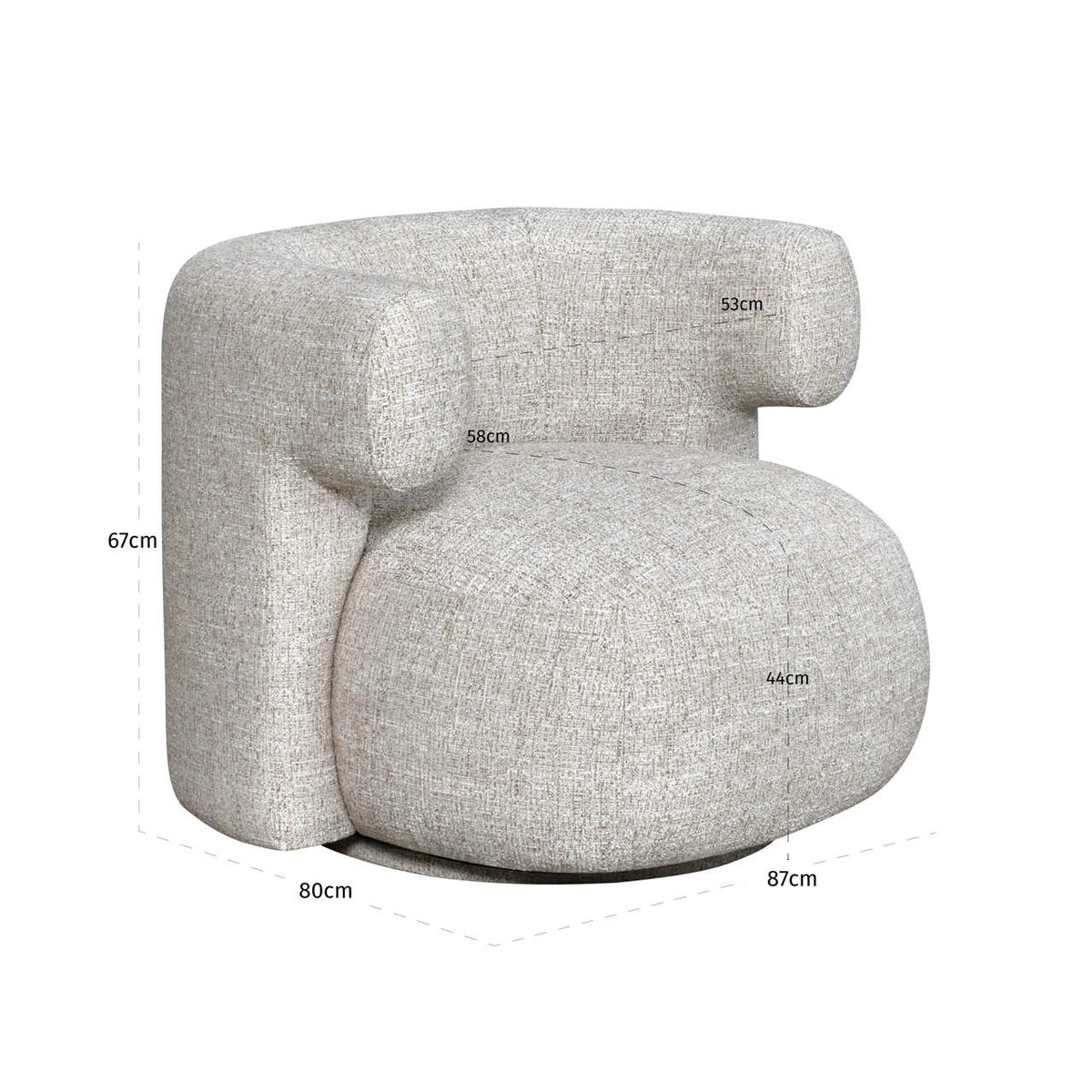 Fotoliu Talley, tweed crem, rotativ – desen tehnic cu dimensiuni