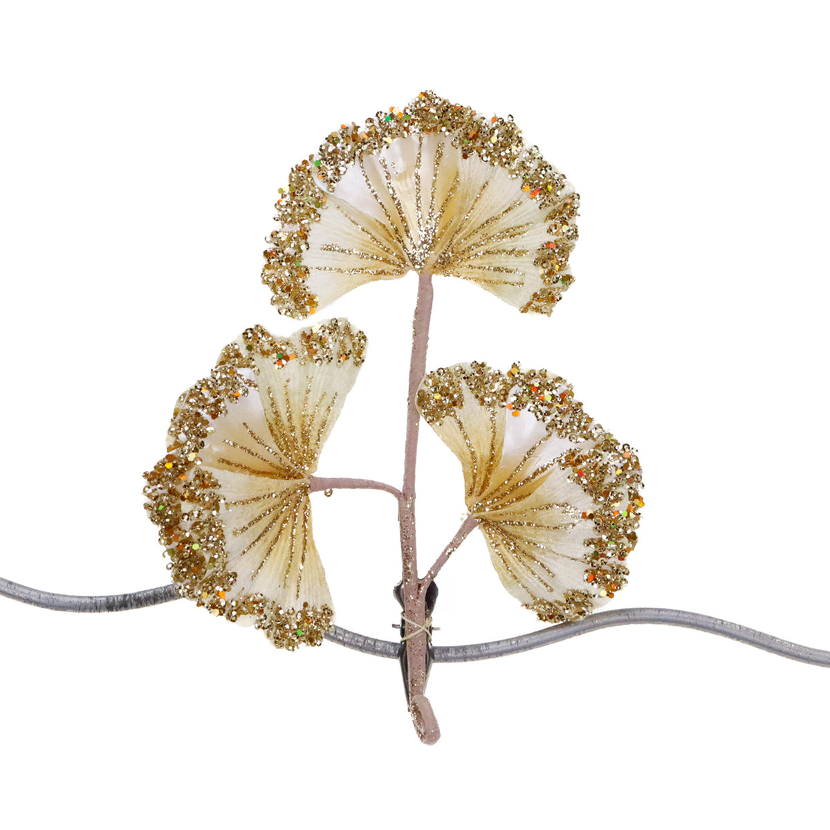 Frunză de ginkgo din hârtie cu sclipici, pe clemă, crem/auriu, 28 cm