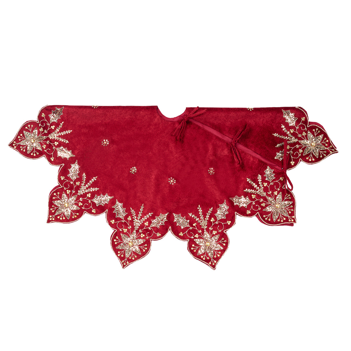 Fustă de brad din textil cu paiete, crăciuniță și fulgi de zăpadă, burgund/auriu, 112 cm