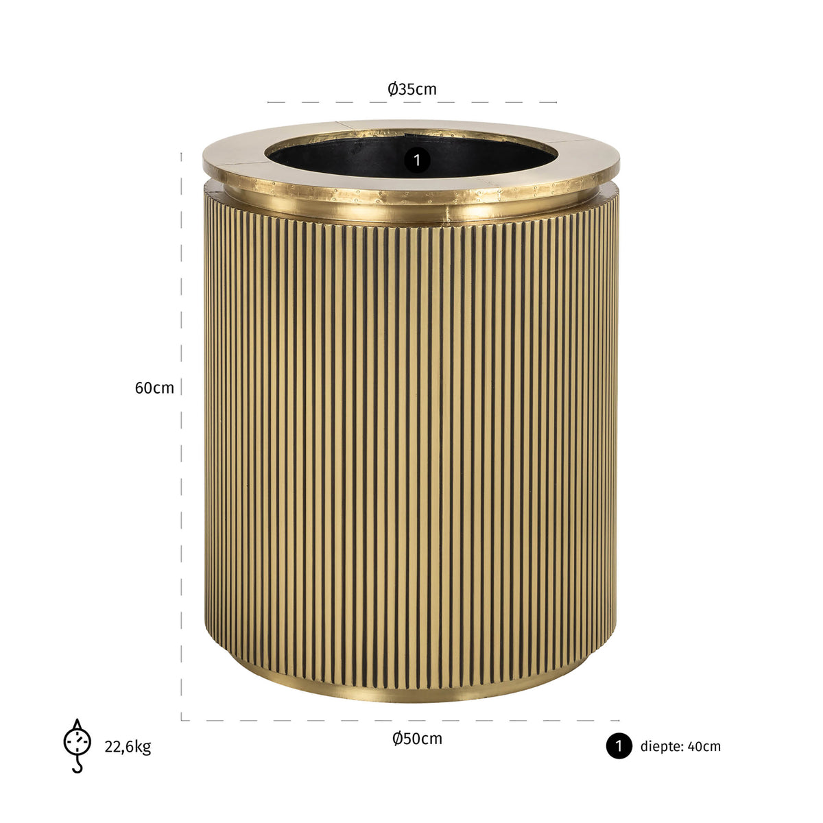 Ghiveci Ironville, auriu, Ø 50 cm – desen tehnic cu dimensiuni