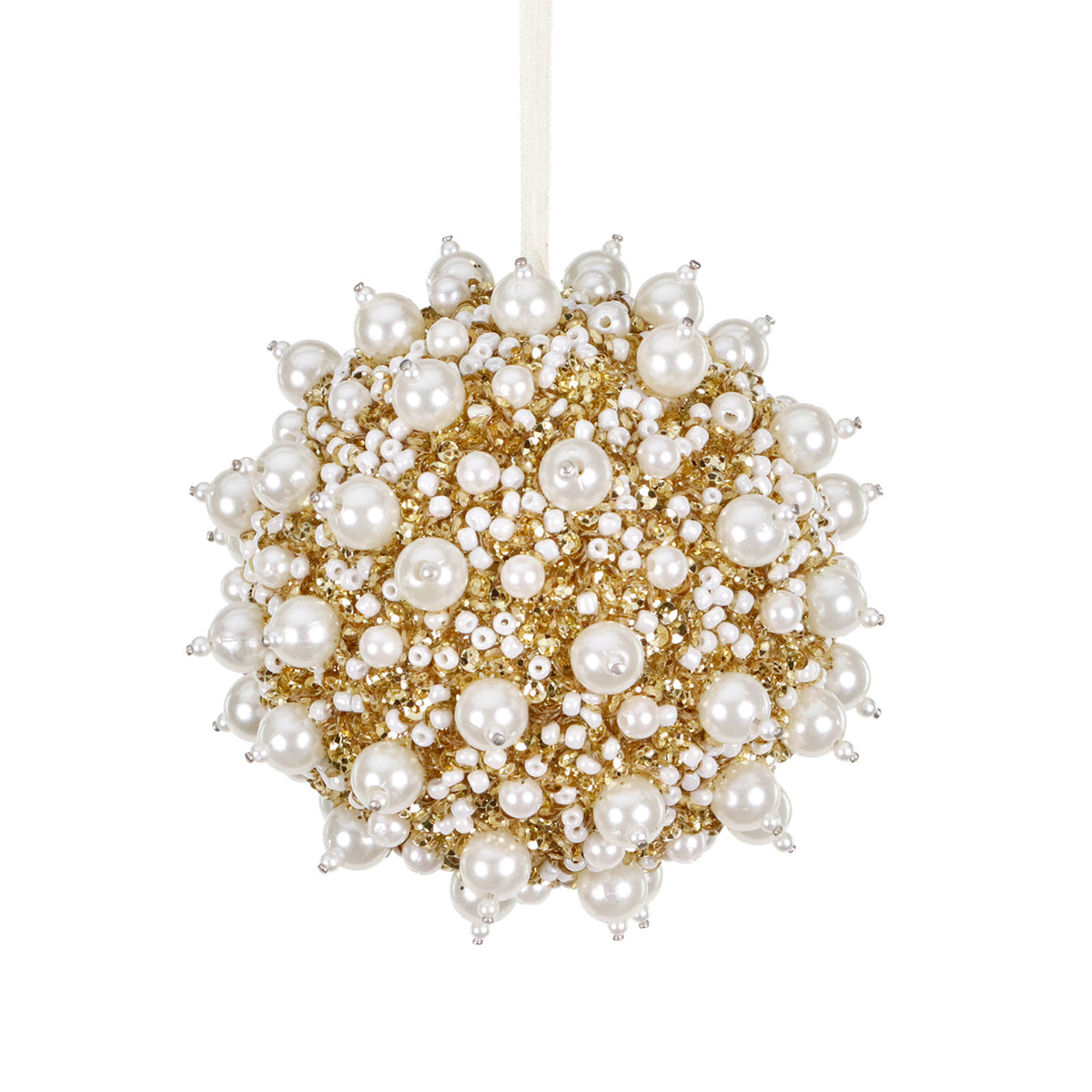 Glob 3D cu mărgele și perle, alb/crem/auriu, 10 cm