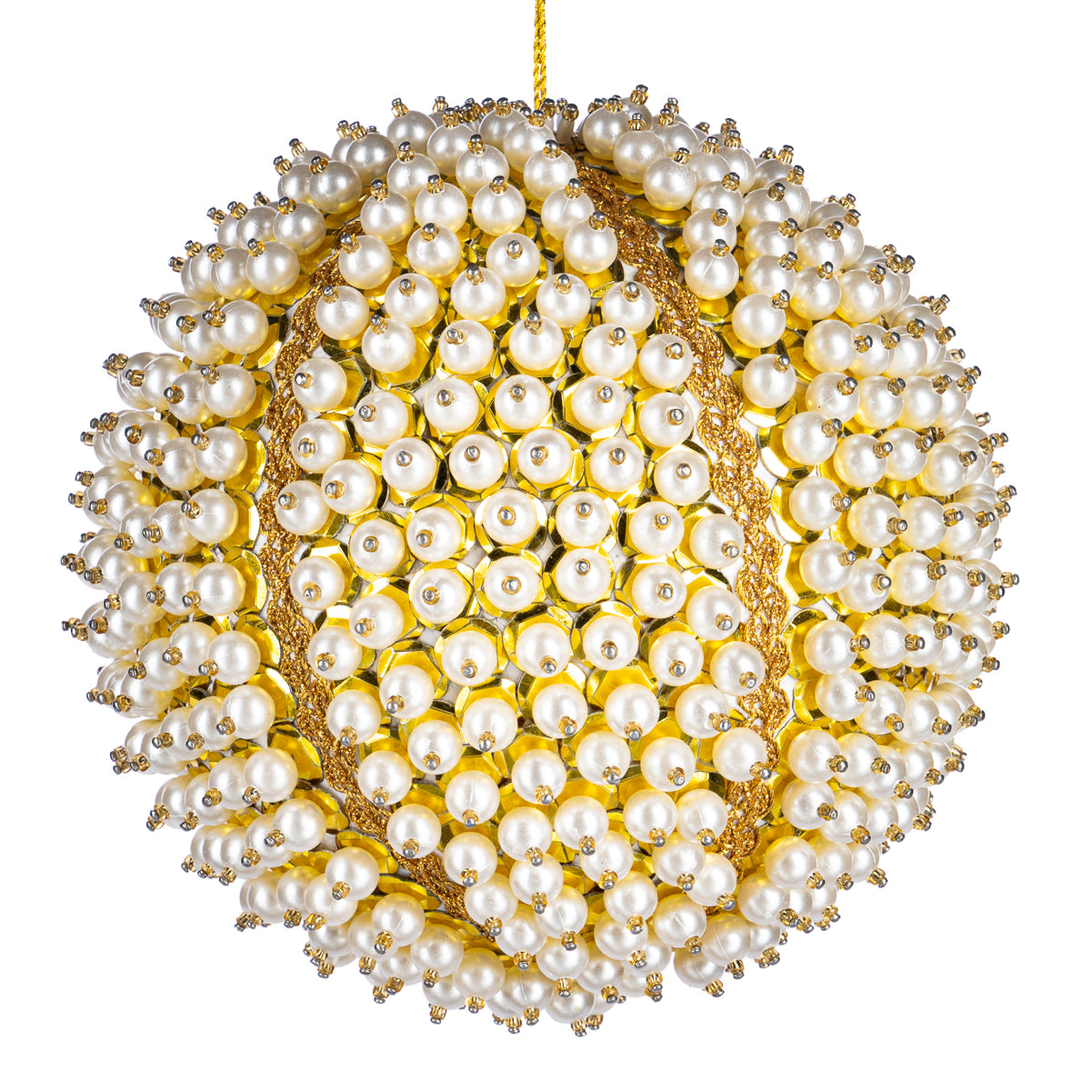 Glob acoperit cu perle și bordură, alb/crem/auriu, 18 cm