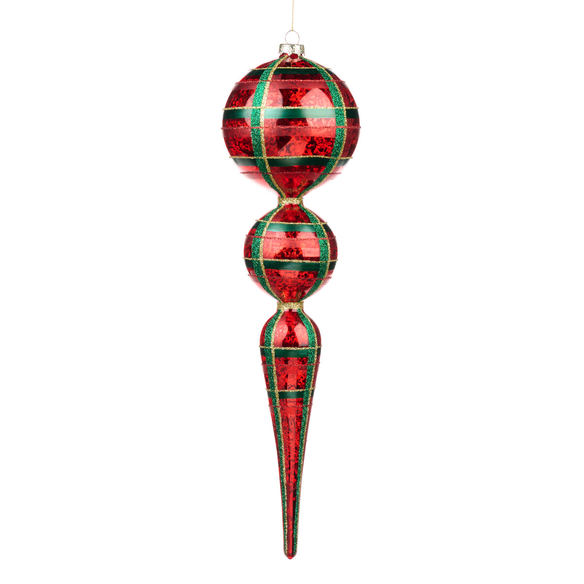 Glob alungit din sticlă antichizată cu model tartan, roșu/verde/auriu, 39 cm