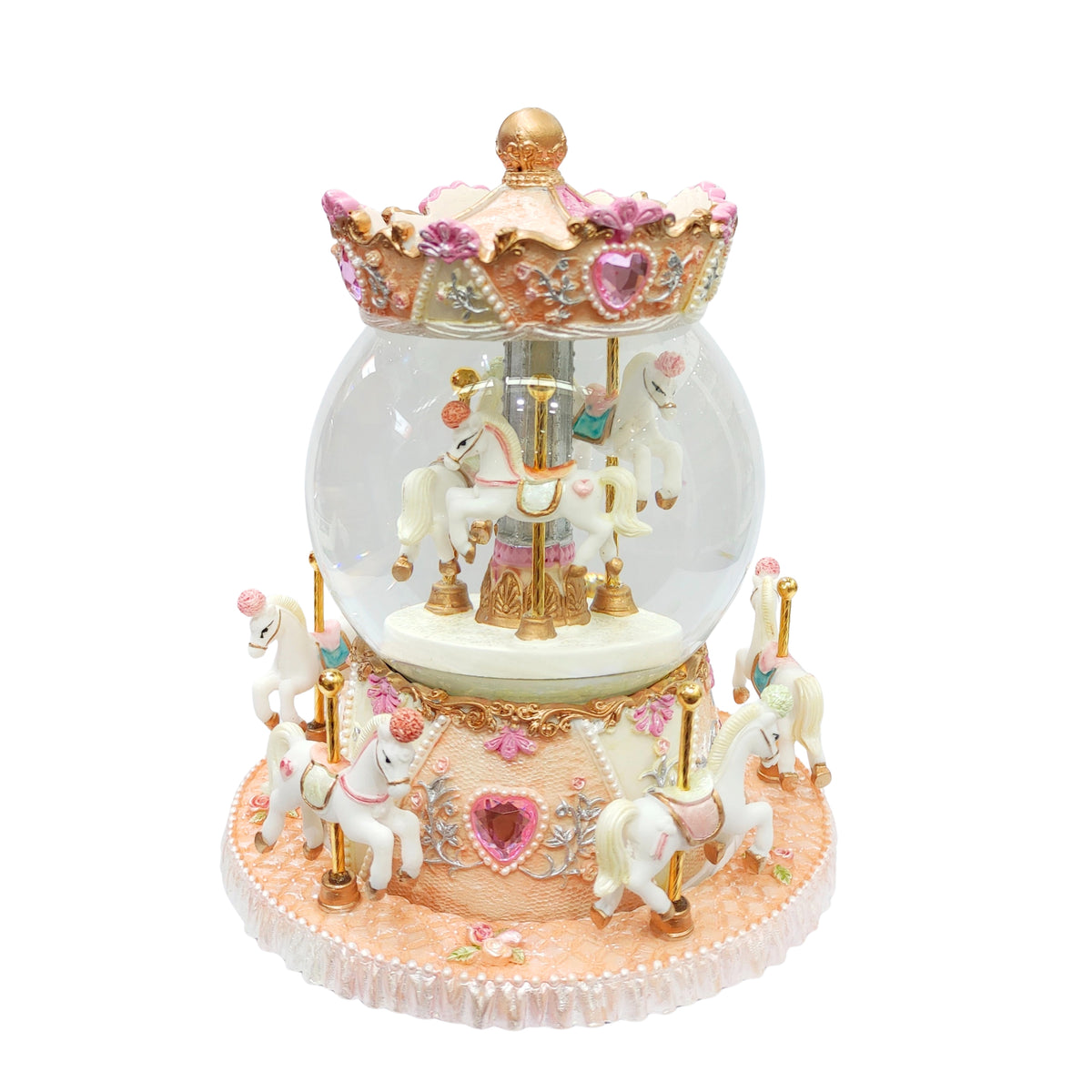 Glob cu zăpadă carusel muzical și cu mișcare, cu căluț, portocaliu/roz/alb, 18,5 cm