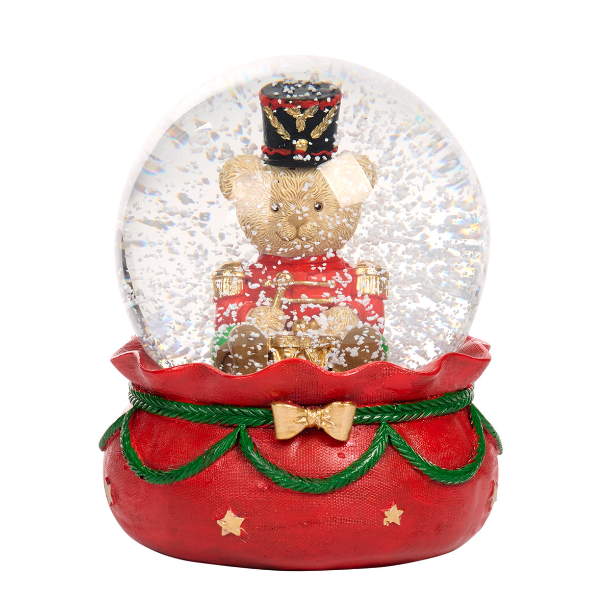 Glob cu zăpadă cu ursuleț spărgător de nuci, roșu/auriu/verde, 13 cm