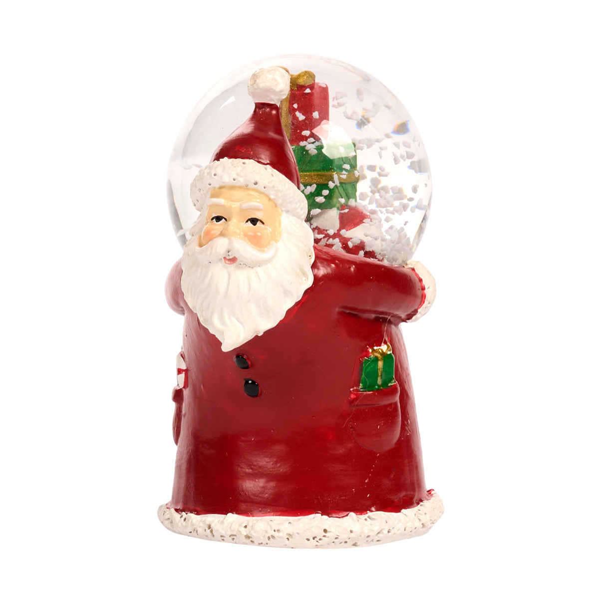 Glob cu zăpadă din sticlă cu Moș Crăciun și cadouri, roșu/alb/verde, 8 cm