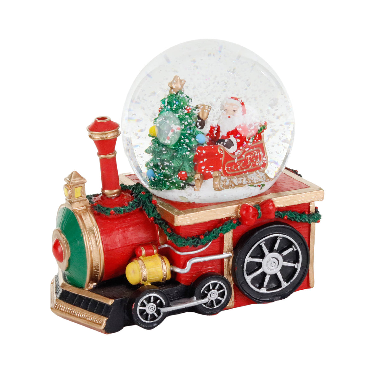 Glob cu zăpadă muzical cu Moș Crăciun în tren, roșu/verde, 14,5 cm