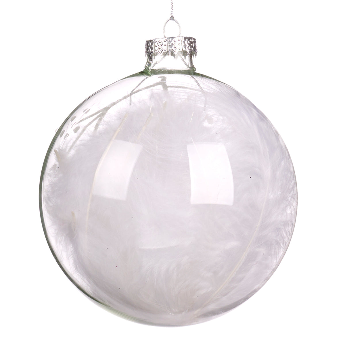 Glob din sticlă 3D cu crenguțe, bobițe și pene, alb/transparent, 10 cm