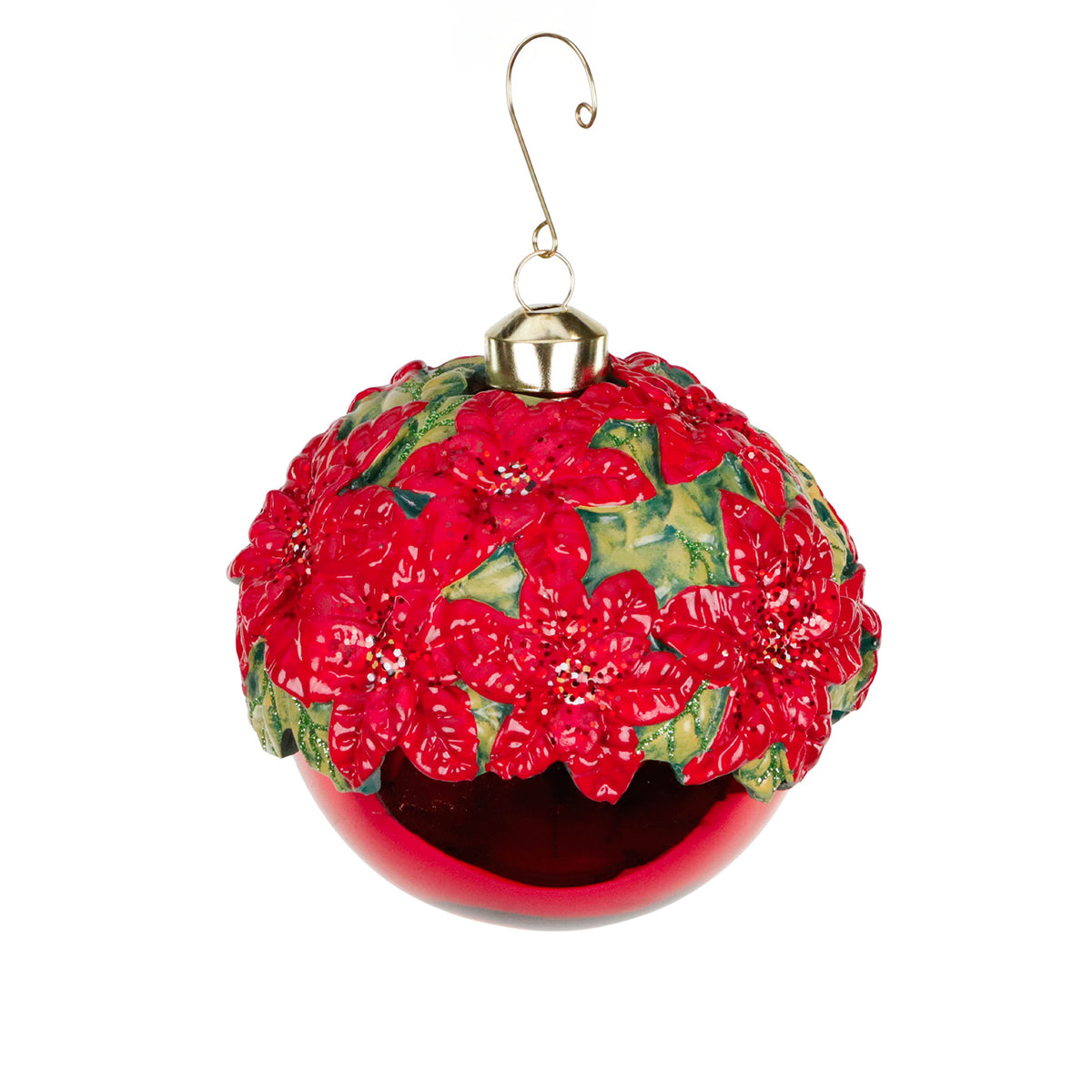 Glob din sticlă 3D cu floare de crăciuniță, roșu/verde, 12 cm