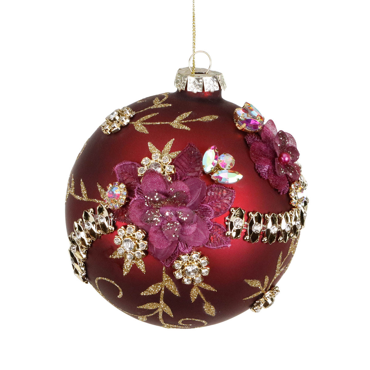 Glob din sticlă 3D cu flori și pietre, burgund/mov, 12 cm