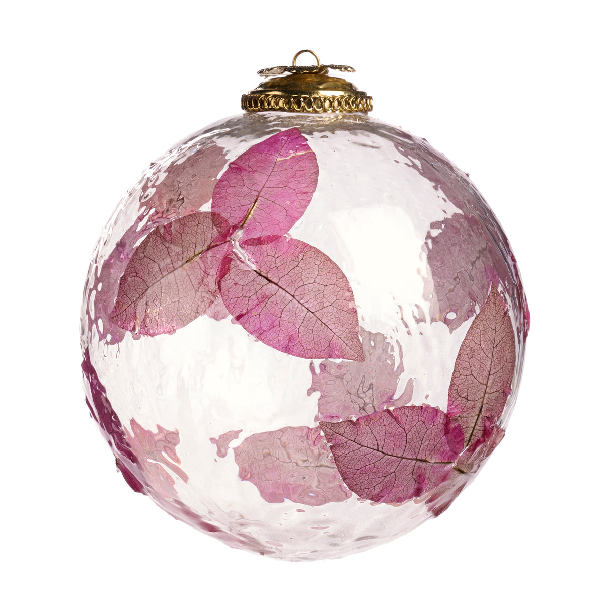 Glob din sticlă cu capac metalic și frunze uscate, transparent/roz/mov, 12,5 cm