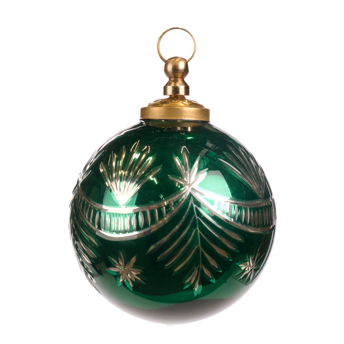 Glob din sticlă cu capac metalic și model gravat de festoane, verde/argintiu/auriu, 10 cm