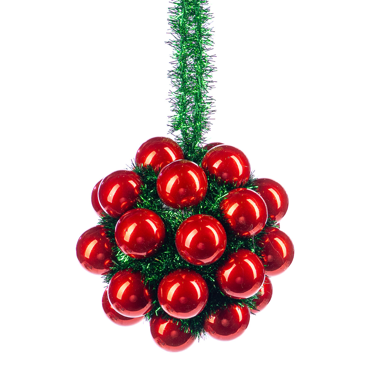 Glob din sticlă cu ciorchine de globulețe și beteală, roșu/verde, 11 cm