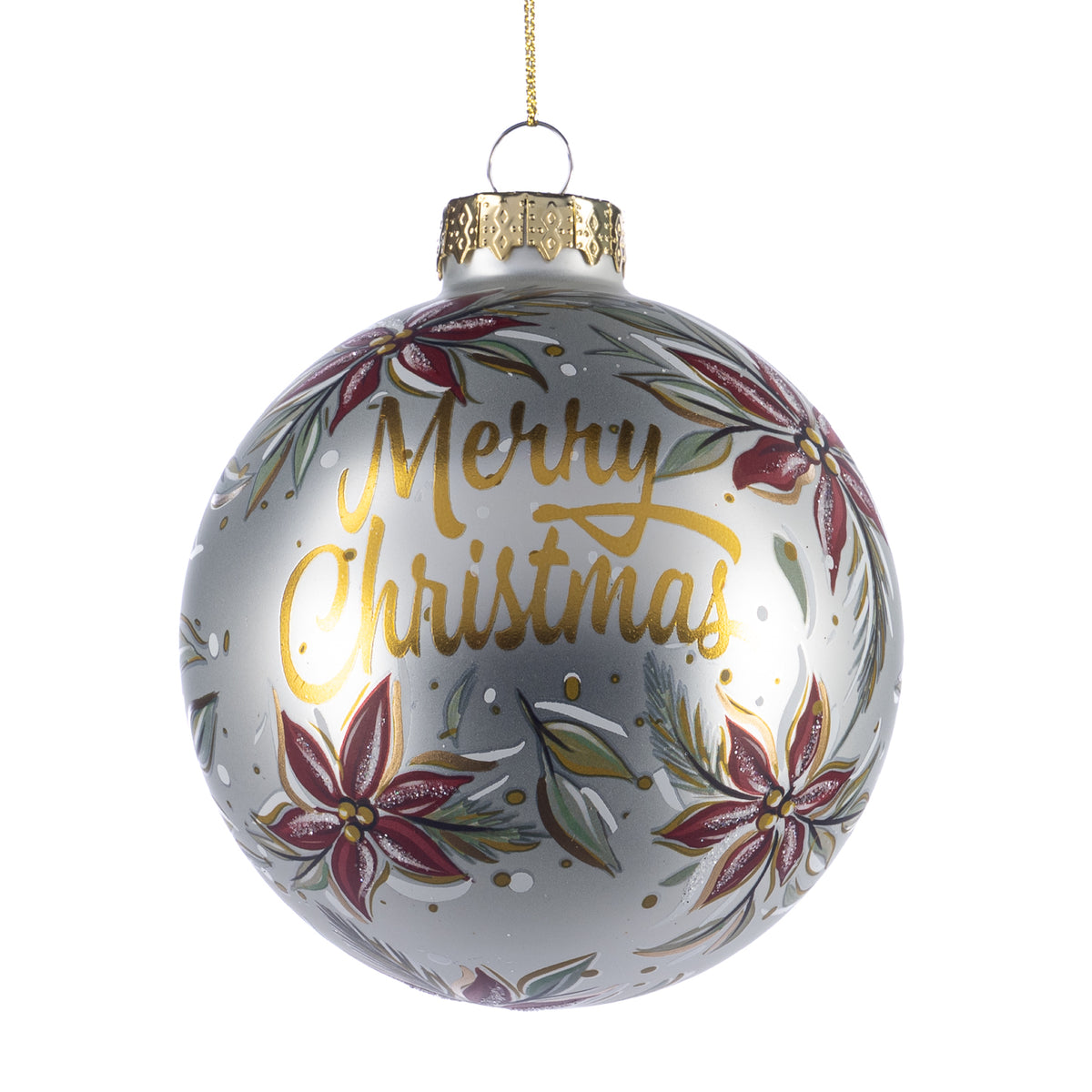 Glob din sticlă cu crăciuniță și mesajul „Merry Xmas”, alb/roșu/verde, 10 cm
