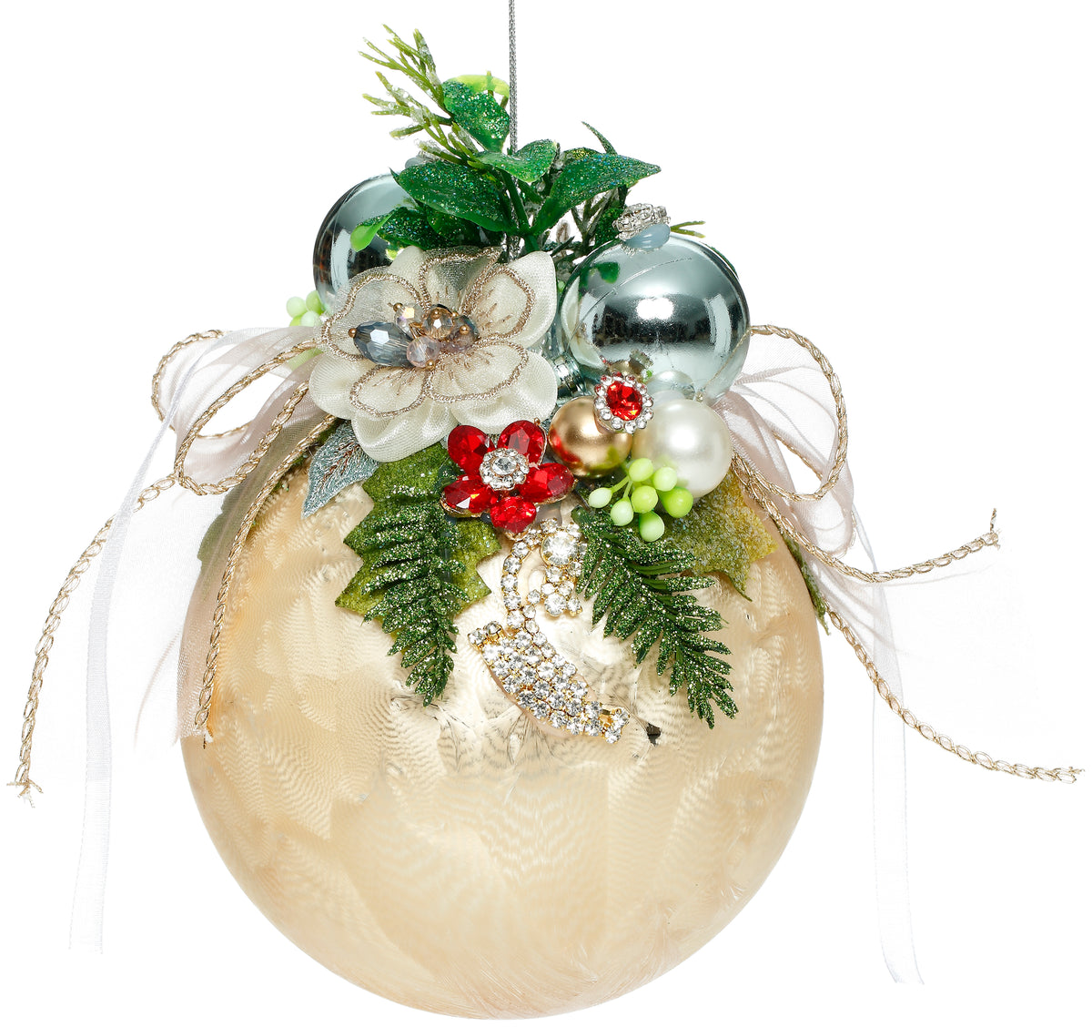 Glob din sticlă cu flori și bijuterii, crem/multicolor, 12,5 cm