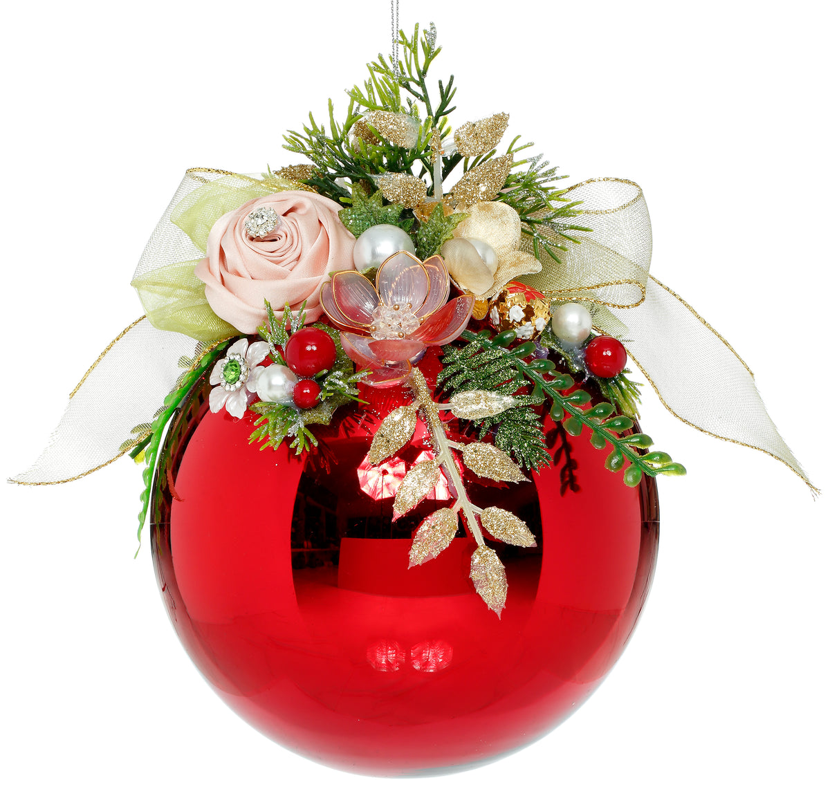 Glob din sticlă cu flori și bijuterii, roșu/multicolor, 15 cm