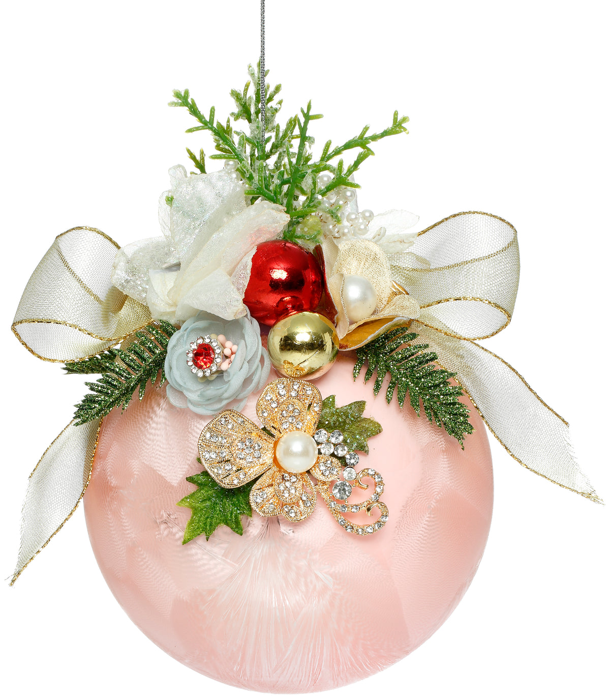 Glob din sticlă cu flori și bijuterii, roz deschis/multicolor, 12,5 cm
